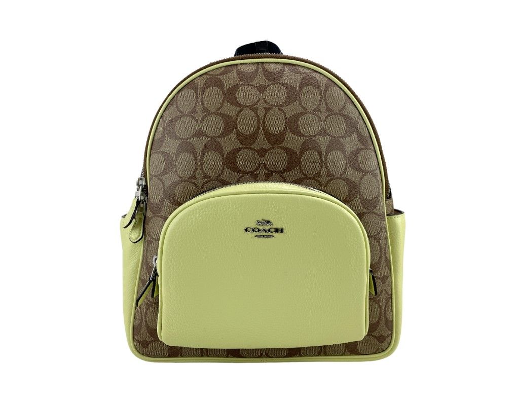 COACH (5671) Court Signature Leather Khaki/Pale Lime Medium Backpack Bookbag Bag