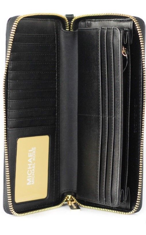 Michael Kors Jet Set Travel Large Black Pebble Leather Continental Wrist Wallet