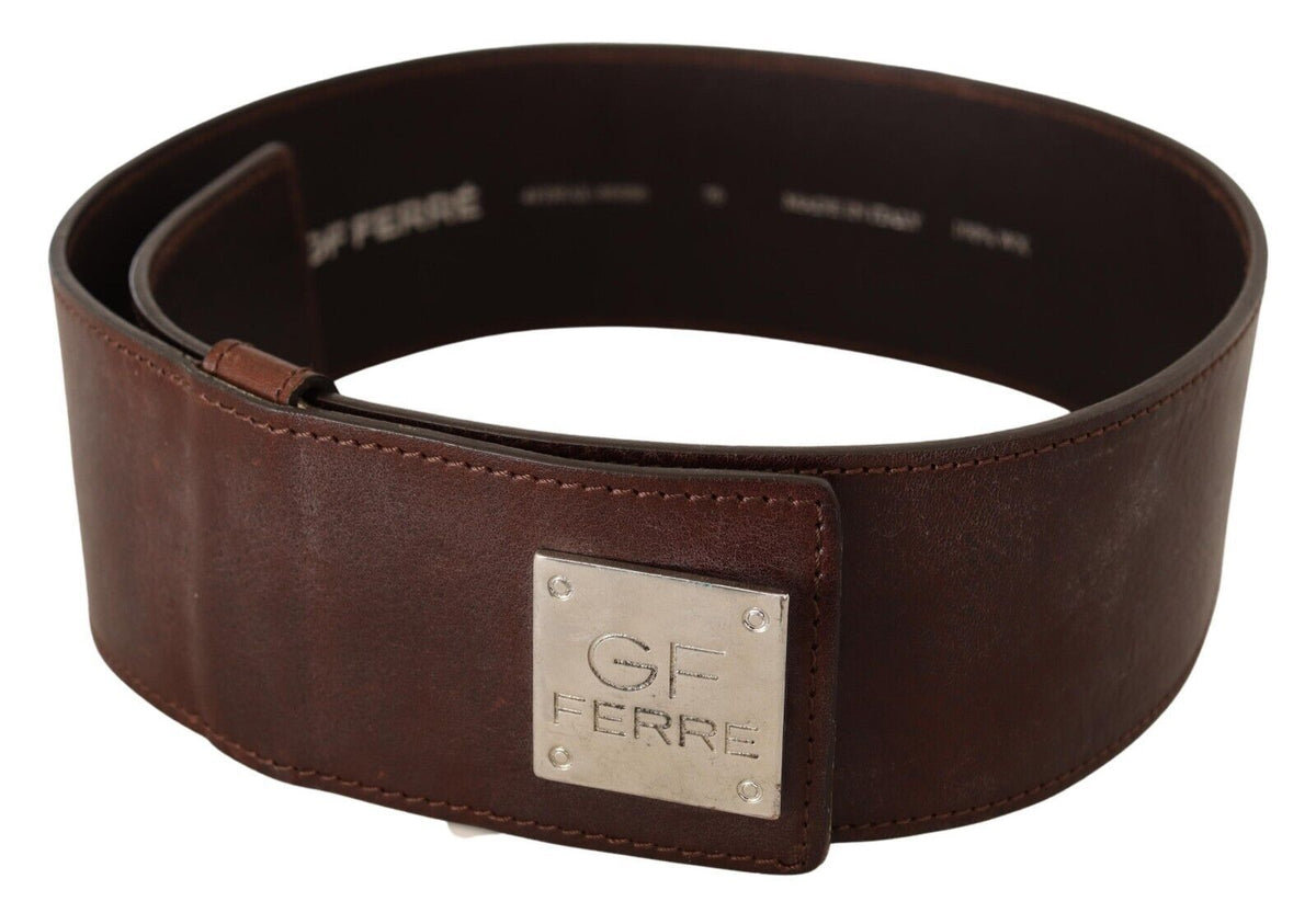 GF Ferre Brown Genuine Leather Wide Logo Buckle Waist Belt