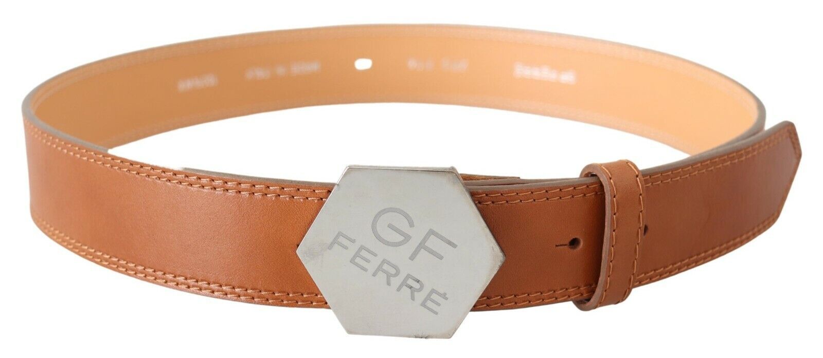 GF Ferre Brown Silver Logo Hexagon Buckle Waist Leather Belt