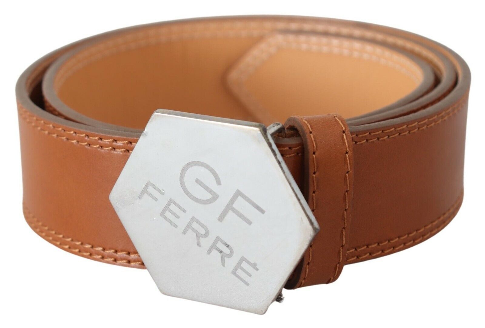 GF Ferre Brown Silver Logo Hexagon Buckle Waist Leather Belt